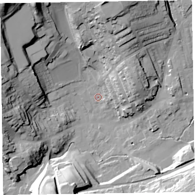 Shaded relief map of the ground around LA158BF, computed from Environment Agency LiDAR. The ground here sits at about 33 m above sea level and falls 48 m across the surrounding 800 m. Surface water reaching this point runs off ground lying to the north-west, 43.4 m higher.