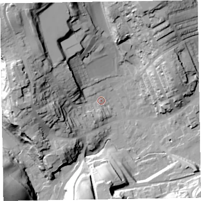 Shaded relief map of the ground around LA158BY, computed from Environment Agency LiDAR. The ground here sits at about 34 m above sea level and falls 45 m across the surrounding 800 m. Surface water reaching this point runs off ground lying to the north-west, 37.5 m higher.