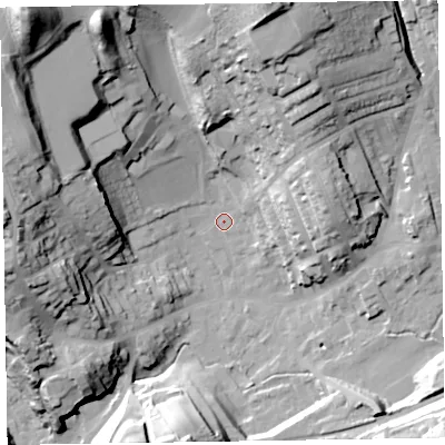 Shaded relief map of the ground around LA158BZ, computed from Environment Agency LiDAR. The ground here sits at about 33 m above sea level and falls 51 m across the surrounding 800 m. Surface water reaching this point runs off ground lying to the south-west, 15.5 m higher.