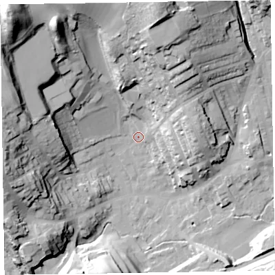 Shaded relief map of the ground around LA158DA, computed from Environment Agency LiDAR. The ground here sits at about 34 m above sea level and falls 52 m across the surrounding 800 m. Surface water reaching this point runs off ground lying to the north-west, 48.8 m higher.