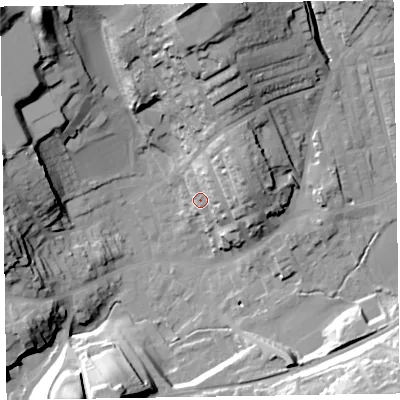 Shaded relief map of the ground around LA158DD, computed from Environment Agency LiDAR. The ground here sits at about 38 m above sea level and falls 42 m across the surrounding 800 m. Surface water reaching this point runs off ground lying to the north-east, 15.8 m higher.