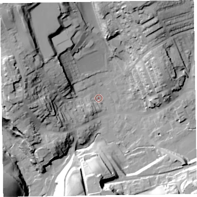 Shaded relief map of the ground around LA158DF, computed from Environment Agency LiDAR. The ground here sits at about 33 m above sea level and falls 45 m across the surrounding 800 m. Surface water reaching this point runs off ground lying to the west-south-west, 15.5 m higher.