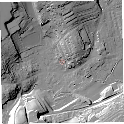 Shaded relief map of the ground around LA158DH, computed from Environment Agency LiDAR. The ground here sits at about 34 m above sea level and falls 37 m across the surrounding 800 m. Surface water reaching this point runs off ground lying to the north, 33.4 m higher.