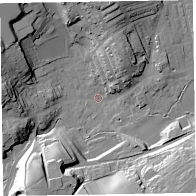 Shaded relief map of the ground around LA158DL, computed from Environment Agency LiDAR. The ground here sits at about 32 m above sea level and falls 36 m across the surrounding 800 m. Surface water reaching this point runs off ground lying to the south-east, 31.8 m higher.