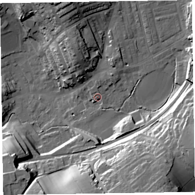 Shaded relief map of the ground around LA158DP, computed from Environment Agency LiDAR. The ground here sits at about 38 m above sea level and falls 34 m across the surrounding 800 m. Surface water reaching this point runs off ground lying to the north, 3.1 m higher.