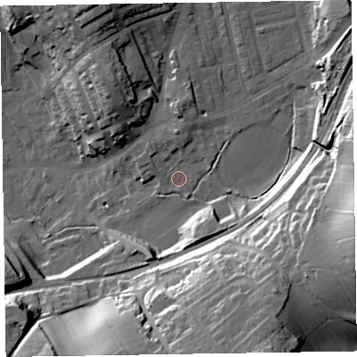 Shaded relief map of the ground around LA158DS, computed from Environment Agency LiDAR. The ground here sits at about 37 m above sea level and falls 40 m across the surrounding 800 m. Surface water reaching this point runs off ground lying to the north-north-east, 2.0 m higher.