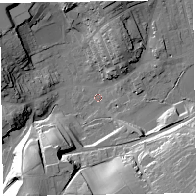 Shaded relief map of the ground around LA158DW, computed from Environment Agency LiDAR. The ground here sits at about 33 m above sea level and falls 38 m across the surrounding 800 m. Surface water reaching this point runs off ground lying to the south, 32.8 m higher.