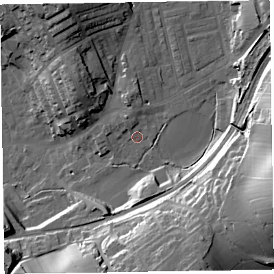 Shaded relief map of the ground around LA158DX, computed from Environment Agency LiDAR. The ground here sits at about 38 m above sea level and falls 43 m across the surrounding 800 m. Surface water reaching this point runs off ground lying to the north-north-west, 3.9 m higher.