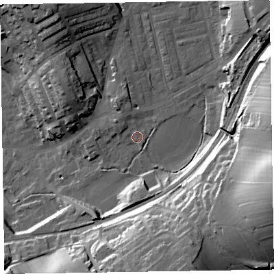 Shaded relief map of the ground around LA158DY, computed from Environment Agency LiDAR. The ground here sits at about 39 m above sea level and falls 47 m across the surrounding 800 m. Surface water reaching this point runs off ground lying to the north-west, 3.9 m higher.