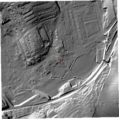 Shaded relief map of the ground around LA158DZ, computed from Environment Agency LiDAR. The ground here sits at about 41 m above sea level and falls 41 m across the surrounding 800 m. Surface water reaching this point runs off ground lying to the north-west, 2.2 m higher.