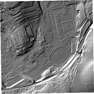 Shaded relief map of the ground around LA158ED, computed from Environment Agency LiDAR. The ground here sits at about 40 m above sea level and falls 46 m across the surrounding 800 m. Surface water reaching this point runs off ground lying to the north-north-west, 4.9 m higher.