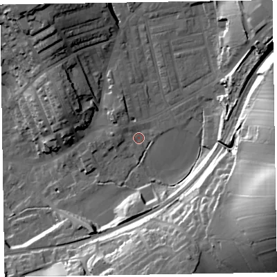 Shaded relief map of the ground around LA158EE, computed from Environment Agency LiDAR. The ground here sits at about 39 m above sea level and falls 47 m across the surrounding 800 m. Surface water reaching this point runs off ground lying to the north-east, 21.5 m higher.