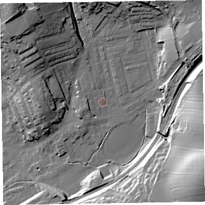 Shaded relief map of the ground around LA158EL, computed from Environment Agency LiDAR. The ground here sits at about 41 m above sea level and falls 48 m across the surrounding 800 m. Surface water reaching this point runs off ground lying to the north-west, 25.7 m higher.