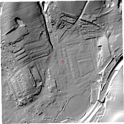 Shaded relief map of the ground around LA158EN, computed from Environment Agency LiDAR. The ground here sits at about 42 m above sea level and falls 46 m across the surrounding 800 m. Surface water reaching this point runs off ground lying to the north-west, 33.2 m higher.