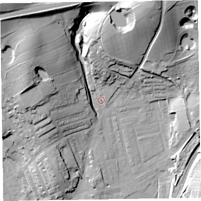 Shaded relief map of the ground around LA158EP, computed from Environment Agency LiDAR. The ground here sits at about 45 m above sea level and falls 56 m across the surrounding 800 m. Surface water reaching this point runs off ground lying to the north, 25.8 m higher.