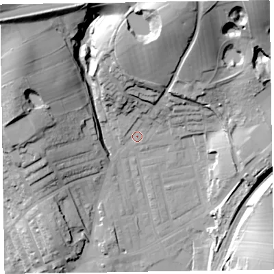 Shaded relief map of the ground around LA158ES, computed from Environment Agency LiDAR. The ground here sits at about 45 m above sea level and falls 55 m across the surrounding 800 m. Surface water reaching this point runs off ground lying to the north-north-east, 43.5 m higher.
