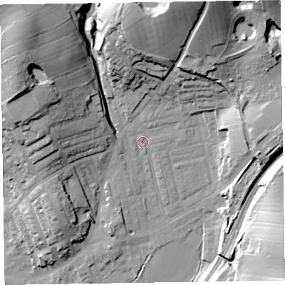 Shaded relief map of the ground around LA158ET, computed from Environment Agency LiDAR. The ground here sits at about 43 m above sea level and falls 51 m across the surrounding 800 m. Surface water reaching this point runs off ground lying to the north-north-east, 40.3 m higher.