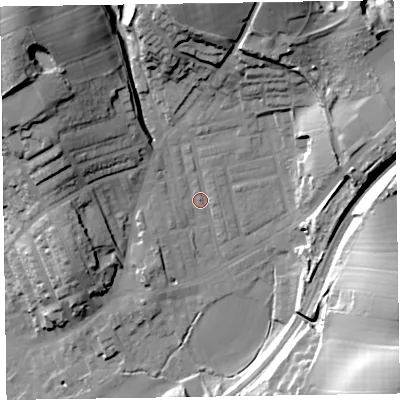 Shaded relief map of the ground around LA158EU, computed from Environment Agency LiDAR. The ground here sits at about 42 m above sea level and falls 48 m across the surrounding 800 m. Surface water reaching this point runs off ground lying to the north-west, 32.9 m higher.
