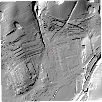 Shaded relief map of the ground around LA158EW, computed from Environment Agency LiDAR. The ground here sits at about 43 m above sea level and falls 49 m across the surrounding 800 m. Surface water reaching this point runs off ground lying to the north-north-east, 38.9 m higher.