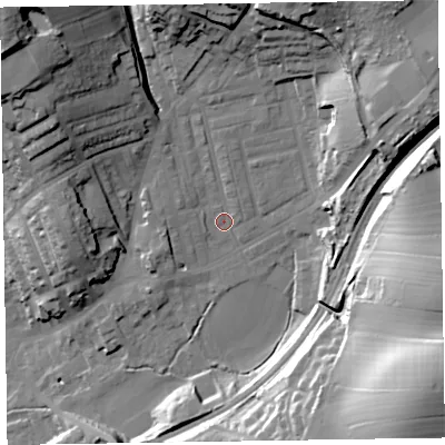 Shaded relief map of the ground around LA158EX, computed from Environment Agency LiDAR. The ground here sits at about 41 m above sea level and falls 48 m across the surrounding 800 m. Surface water reaching this point runs off ground lying to the north-west, 32.6 m higher.