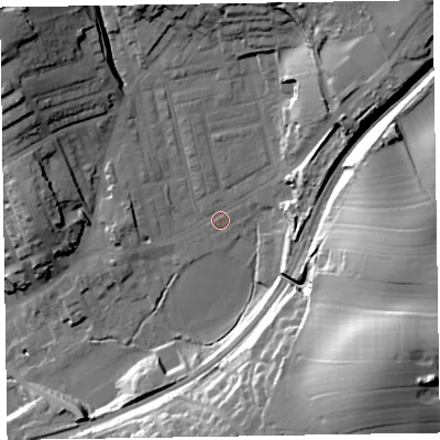 Shaded relief map of the ground around LA158EY, computed from Environment Agency LiDAR. The ground here sits at about 41 m above sea level and falls 48 m across the surrounding 800 m. Surface water reaching this point runs off ground lying to the north-east, 20.0 m higher.