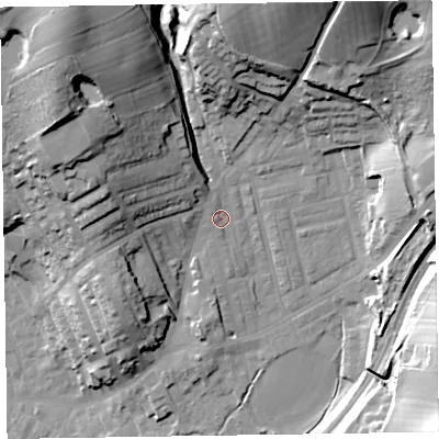 Shaded relief map of the ground around LA158FE, computed from Environment Agency LiDAR. The ground here sits at about 43 m above sea level and falls 44 m across the surrounding 800 m. Surface water reaching this point runs off ground lying to the west-north-west, 13.6 m higher.