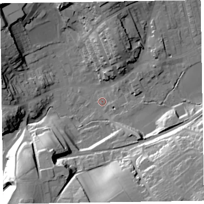 Shaded relief map of the ground around LA158GE, computed from Environment Agency LiDAR. The ground here sits at about 34 m above sea level and falls 39 m across the surrounding 800 m. Surface water reaching this point runs off ground lying to the south-east, 36.3 m higher.