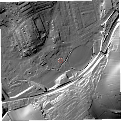 Shaded relief map of the ground around LA158HZ, computed from Environment Agency LiDAR. The ground here sits at about 38 m above sea level and falls 45 m across the surrounding 800 m. Surface water reaching this point runs off ground lying to the north-east, 22.8 m higher.