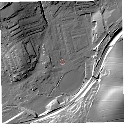 Shaded relief map of the ground around LA158JA, computed from Environment Agency LiDAR. The ground here sits at about 40 m above sea level and falls 48 m across the surrounding 800 m. Surface water reaching this point runs off ground lying to the north-west, 26.4 m higher.