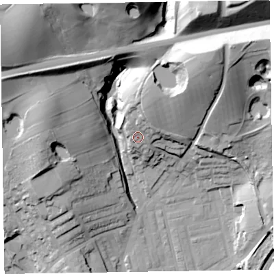 Shaded relief map of the ground around LA158JB, computed from Environment Agency LiDAR. The ground here sits at about 59 m above sea level and falls 60 m across the surrounding 800 m. Surface water reaching this point runs off ground lying to the north-north-east, 12.6 m higher.