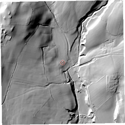 Shaded relief map of the ground around LA158JP, computed from Environment Agency LiDAR. The ground here sits at about 85 m above sea level and falls 70 m across the surrounding 800 m. Surface water reaching this point runs off ground lying to the west, 48.8 m higher.