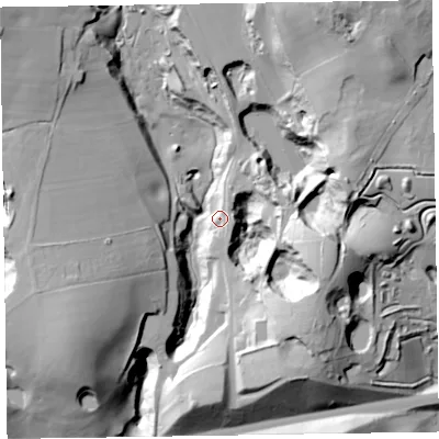 Shaded relief map of the ground around LA158JR, computed from Environment Agency LiDAR. The ground here sits at about 75 m above sea level and falls 51 m across the surrounding 800 m. Surface water reaching this point runs off ground lying to the south-east, 39.8 m higher.