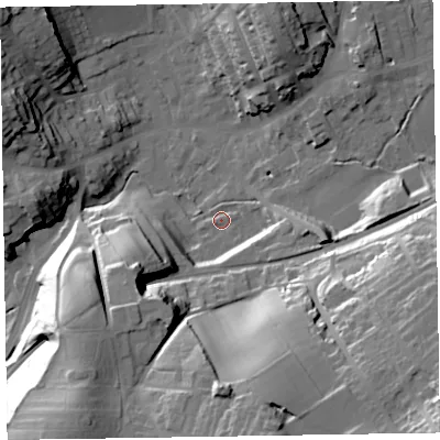 Shaded relief map of the ground around LA158LE, computed from Environment Agency LiDAR. The ground here sits at about 34 m above sea level and falls 46 m across the surrounding 800 m. Surface water reaching this point runs off ground lying to the south-east, 40.6 m higher.
