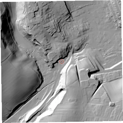 Shaded relief map of the ground around LA158LF, computed from Environment Agency LiDAR. The ground here sits at about 30 m above sea level and falls 55 m across the surrounding 800 m. Surface water reaching this point runs off ground lying to the north-north-west, 18.8 m higher.