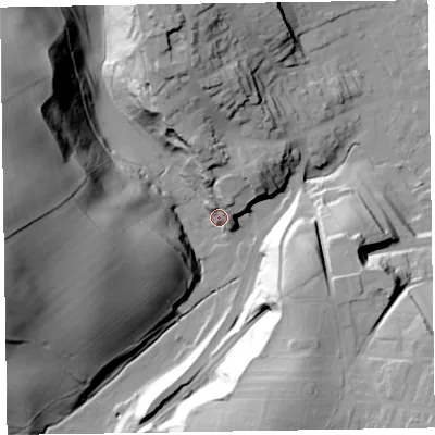 Shaded relief map of the ground around LA158LH, computed from Environment Agency LiDAR. The ground here sits at about 33 m above sea level and falls 70 m across the surrounding 800 m. Surface water reaching this point runs off ground lying to the west-north-west, 65.8 m higher.