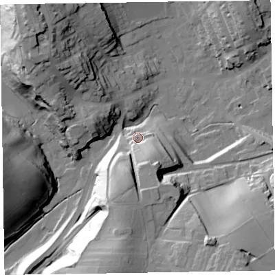 Shaded relief map of the ground around LA158LL, computed from Environment Agency LiDAR. The ground here sits at about 39 m above sea level and falls 46 m across the surrounding 800 m. Surface water reaching this point runs off ground lying to the south-south-east, 18.6 m higher.