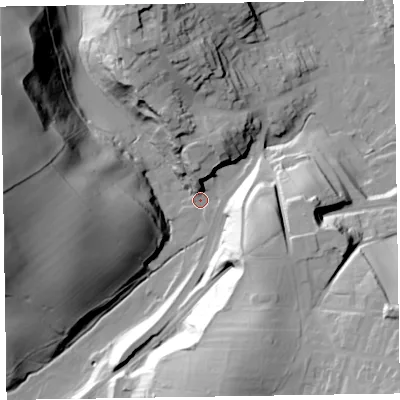 Shaded relief map of the ground around LA158LQ, computed from Environment Agency LiDAR. The ground here sits at about 29 m above sea level and falls 66 m across the surrounding 800 m. Surface water reaching this point runs off ground lying to the north-north-east, 20.0 m higher.