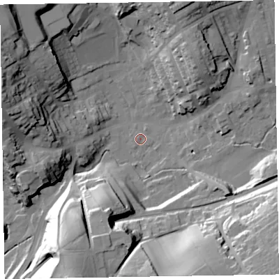Shaded relief map of the ground around LA158PG, computed from Environment Agency LiDAR. The ground here sits at about 33 m above sea level and falls 39 m across the surrounding 800 m. Surface water reaching this point runs off ground lying to the south-south-east, 32.7 m higher.