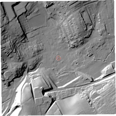 Shaded relief map of the ground around LA158PH, computed from Environment Agency LiDAR. The ground here sits at about 33 m above sea level and falls 38 m across the surrounding 800 m. Surface water reaching this point runs off ground lying to the south-east, 32.5 m higher.