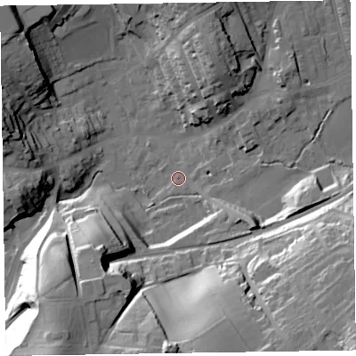 Shaded relief map of the ground around LA158PL, computed from Environment Agency LiDAR. The ground here sits at about 33 m above sea level and falls 41 m across the surrounding 800 m. Surface water reaching this point runs off ground lying to the south, 36.7 m higher.
