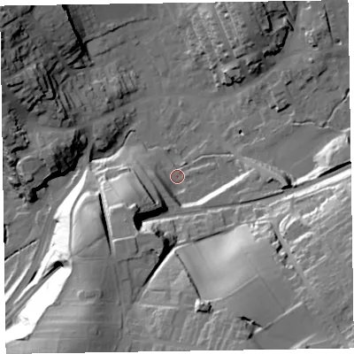 Shaded relief map of the ground around LA158PW, computed from Environment Agency LiDAR. The ground here sits at about 34 m above sea level and falls 45 m across the surrounding 800 m. Surface water reaching this point runs off ground lying to the south-south-east, 38.2 m higher.
