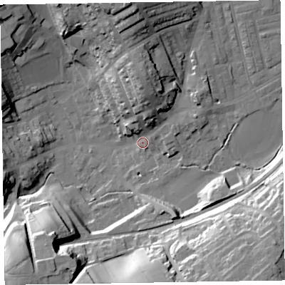 Shaded relief map of the ground around LA158RE, computed from Environment Agency LiDAR. The ground here sits at about 35 m above sea level and falls 34 m across the surrounding 800 m. Surface water reaching this point runs off ground lying to the south-east, 32.2 m higher.