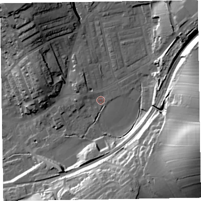 Shaded relief map of the ground around LA158TE, computed from Environment Agency LiDAR. The ground here sits at about 39 m above sea level and falls 48 m across the surrounding 800 m. Surface water reaching this point runs off ground lying to the north-east, 21.8 m higher.