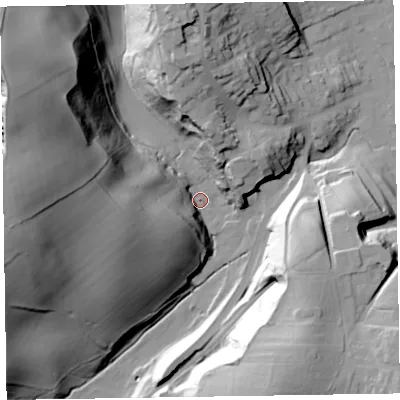 Shaded relief map of the ground around LA158XQ, computed from Environment Agency LiDAR. The ground here sits at about 28 m above sea level and falls 75 m across the surrounding 800 m. Surface water reaching this point runs off ground lying to the west-north-west, 70.8 m higher.