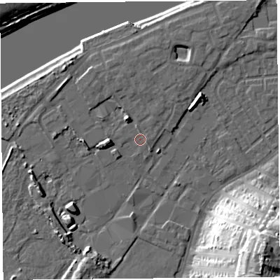 Shaded relief map of the ground around LA15FT, computed from Environment Agency LiDAR. The ground here sits at about 7 m above sea level and falls 35 m across the surrounding 800 m. Surface water reaching this point runs off ground lying to the north-north-west, 5.0 m higher.
