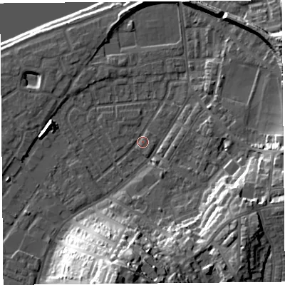 Shaded relief map of the ground around LA15JN, computed from Environment Agency LiDAR. The ground here sits at about 6 m above sea level and falls 34 m across the surrounding 800 m. Surface water reaching this point runs off ground lying to the north, 5.7 m higher.