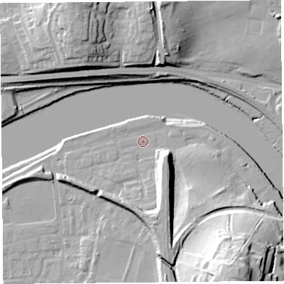 Shaded relief map of the ground around LA15JT, computed from Environment Agency LiDAR. The ground here sits at about 7 m above sea level and falls 38 m across the surrounding 800 m. Surface water reaching this point runs off ground lying to the east-south-east, 11.4 m higher.