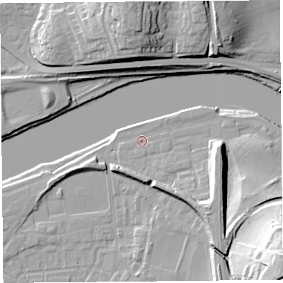 Shaded relief map of the ground around LA15JU, computed from Environment Agency LiDAR. The ground here sits at about 7 m above sea level and falls 37 m across the surrounding 800 m. Surface water reaching this point runs off ground lying to the east, 11.4 m higher.