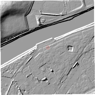 Shaded relief map of the ground around LA15LF, computed from Environment Agency LiDAR. The ground here sits at about 8 m above sea level and falls 23 m across the surrounding 800 m. Surface water reaching this point runs off ground lying to the south-south-east, 1.2 m higher.