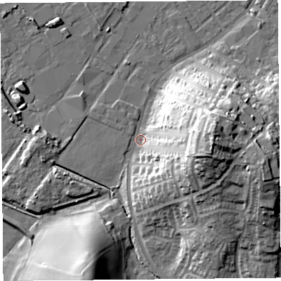 Shaded relief map of the ground around LA15LP, computed from Environment Agency LiDAR. The ground here sits at about 6 m above sea level and falls 32 m across the surrounding 800 m. Surface water reaching this point runs off ground lying to the east, 31.0 m higher.